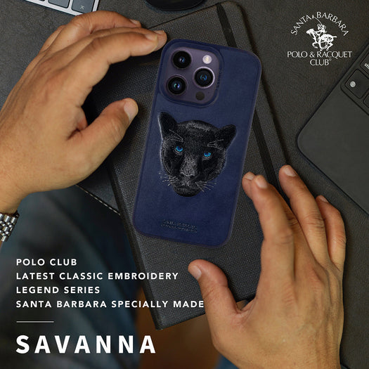 Santa Barbara Savana Series Black Panther Embroidery Genuine Leather Case For iPhone 14 Pro