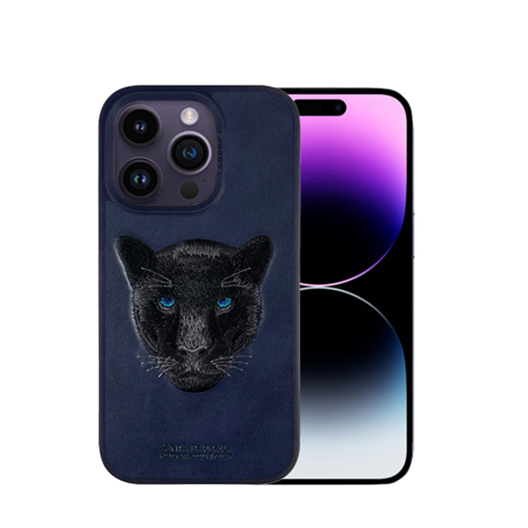 Santa Barbara Savana Series Black Panther Embroidery Genuine Leather Case For iPhone 14 Pro