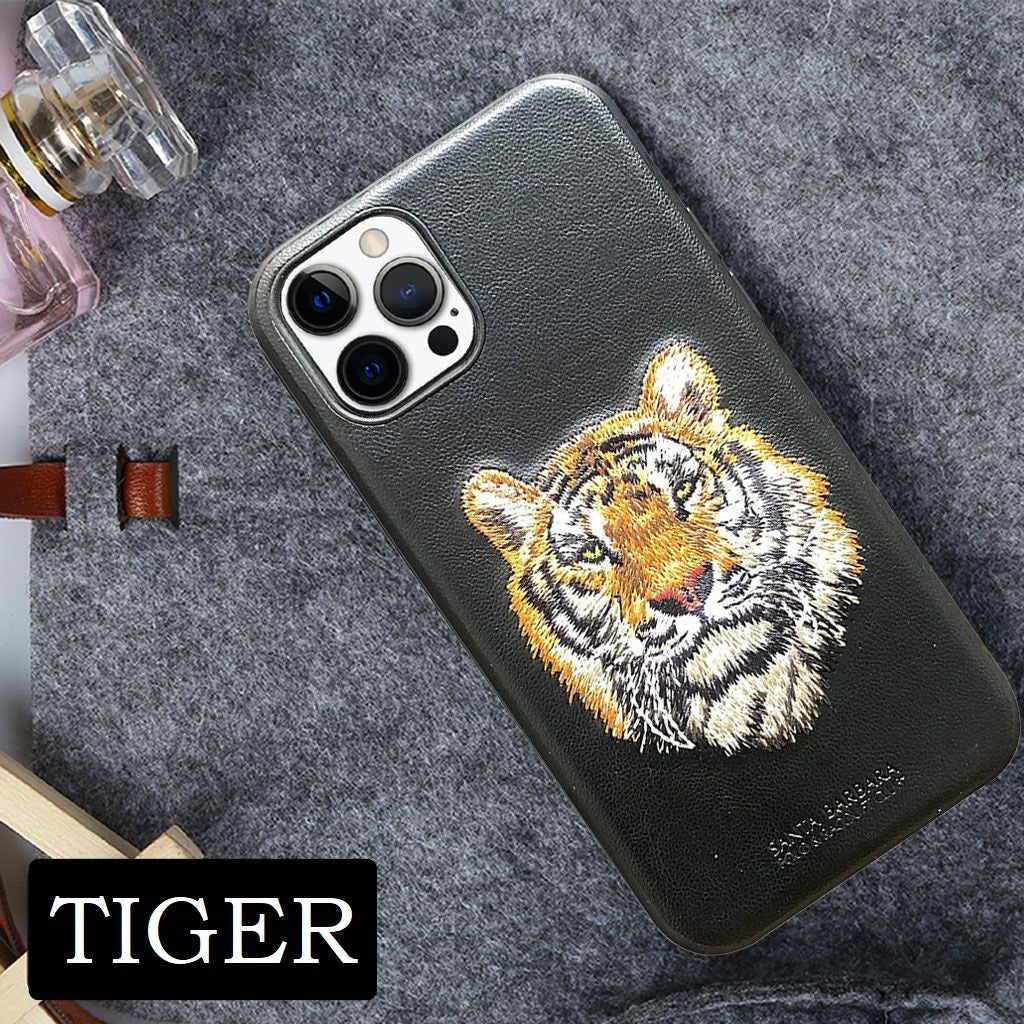 Santa Barbara Savana Series Tiger Emboidery Genuine Leather Case For iPhone 13 Pro Max - planetcartonline