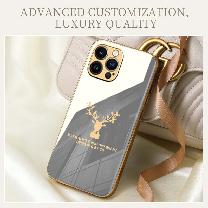 Premium Glass Back Deer Case With Golden Edges For iPhone 13 Pro Max