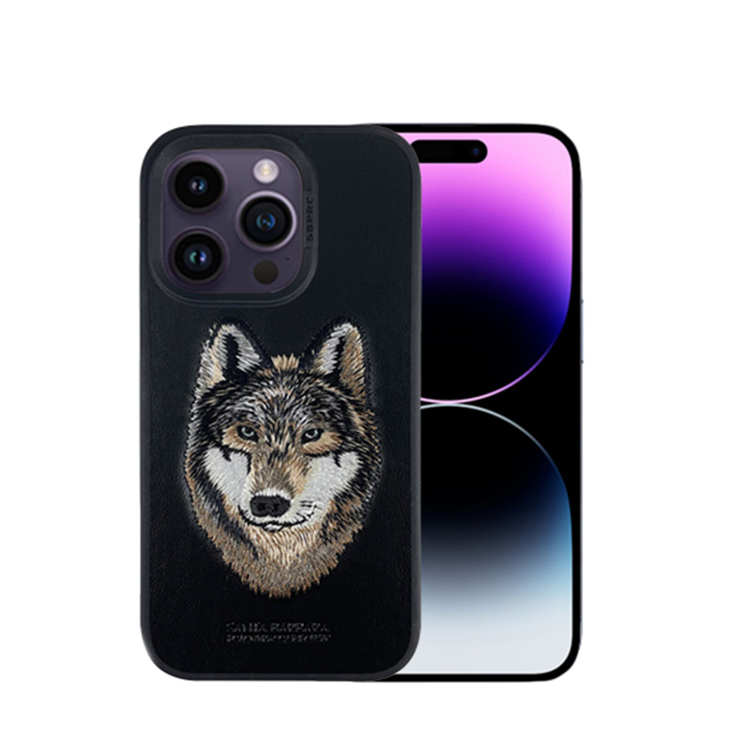 Santa Barbara Savana Series Wolf Embroidery Genuine Leather Case For iPhone 14