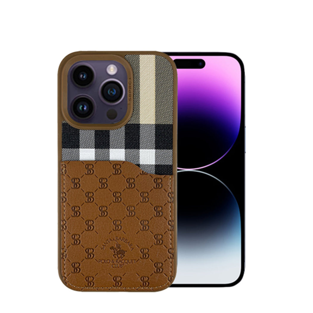 Santa Barbara Classic Plaid Series Genuine Leather Brown Case For iPhone 14 Pro