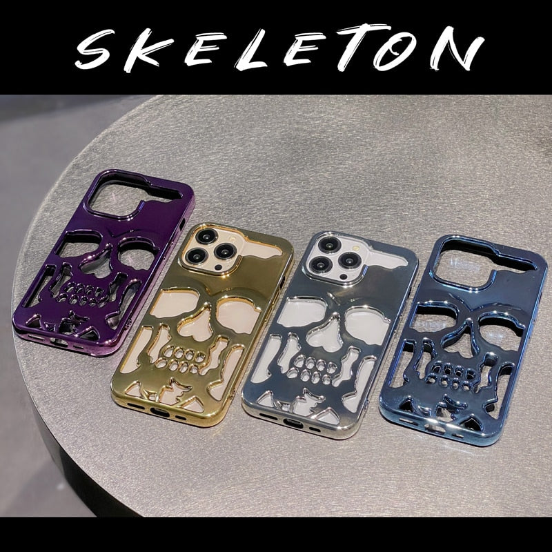 Luxury Plating 3D Metal Hollow Out Gothic Skull Hard Phone Case For iPhone 14 Series
