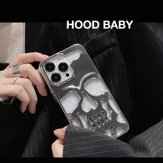 Luxury Plating 3D Metal Hollow Out Gothic Skull Hard Phone Case For iPhone 14 Series