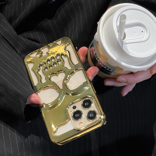 Luxury Plating 3D Metal Hollow Out Gothic Skull Hard Phone Case For iPhone 14 Series