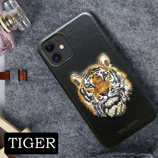 Santa Barbara Savana Series Tiger Emboidery Genuine Leather Case For iPhone 13 - planetcartonline