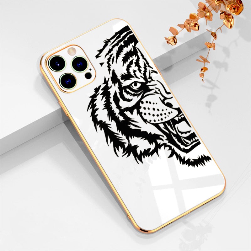 Luxurious Tiger Glass Back Case With Golden Edges For iPhone 12 Pro Max - planetcartonline