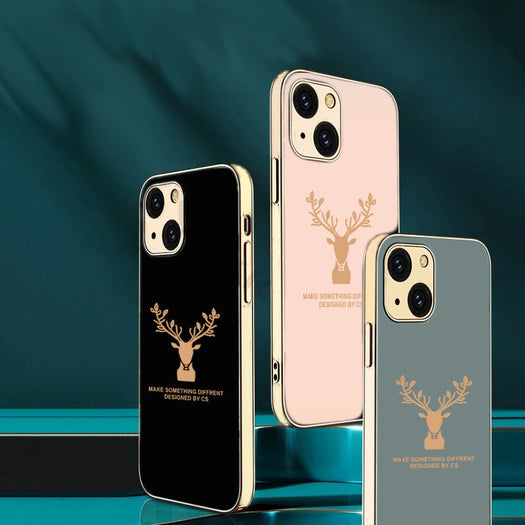 Luxury Golden Edges Deer Glass Back Case For iPhone 13 - Premium Cases