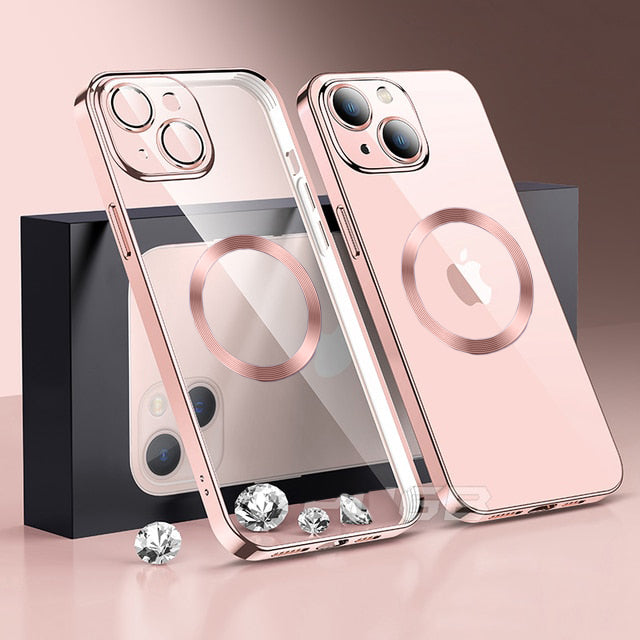 Premium Clear MagSafe Armor Metal Lens Bumper Back Case for iPhone