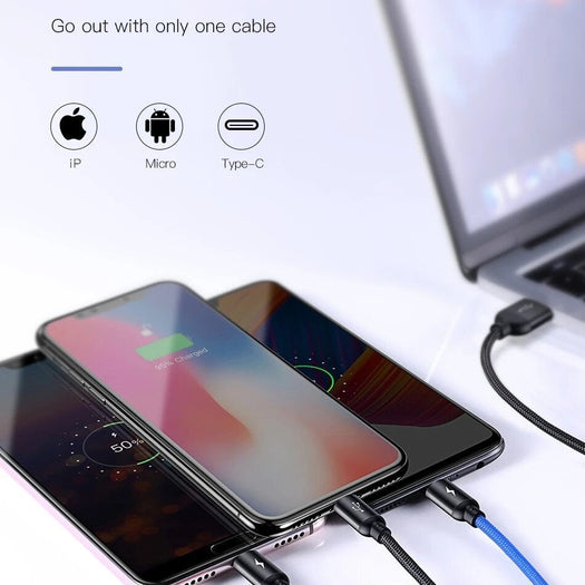 Baseus 3in1, 3.5A High Speed Data Sync & Charging Cable for Type C, iPhone & Micro USB Mobiles - Planetcart
