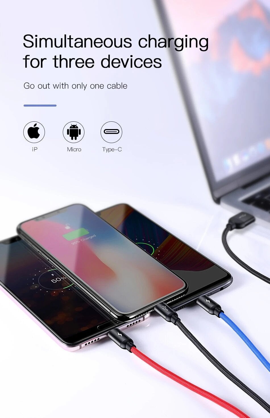 Baseus 3in1, 3.5A High Speed Data Sync & Charging Cable for Type C, iPhone & Micro USB Mobiles - Planetcart