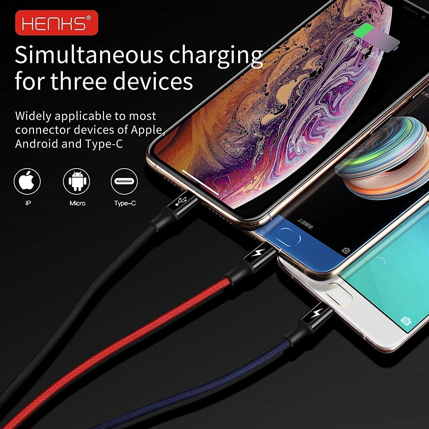 Henks Multi USB 3 in 1 3.5A Charging Nylon Data Cable Supports All Smartphone Devices - Planetcart
