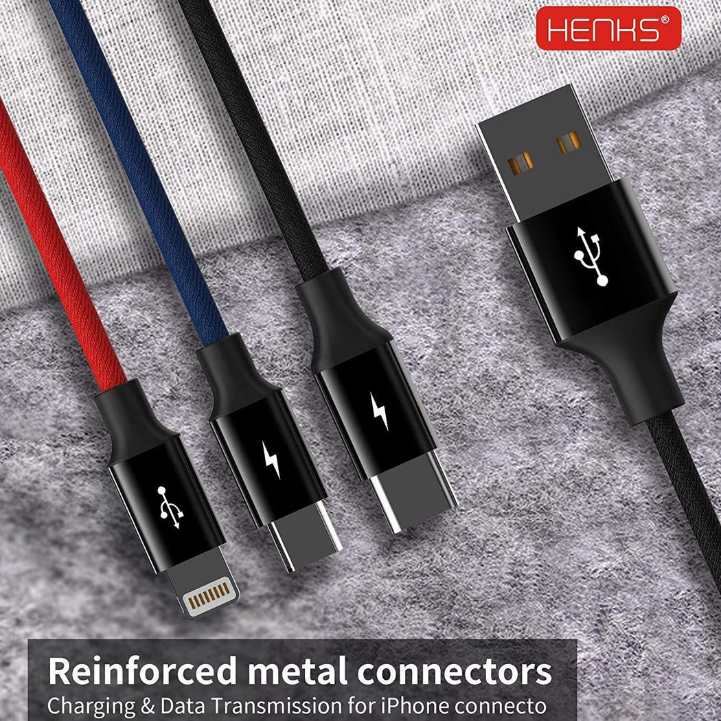 Henks Multi USB 3 in 1 3.5A Charging Nylon Data Cable Supports All Smartphone Devices - Planetcart