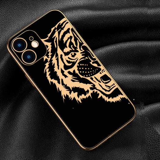 Luxurious Tiger Glass Back Case With Golden Edges For iPhone 12