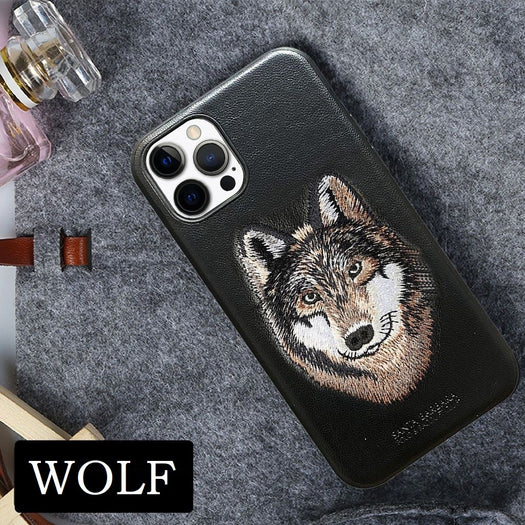 Santa Barbara Savana Series Wolf Emboidery Genuine Leather Case For iPhone 13 Pro - planetcartonline