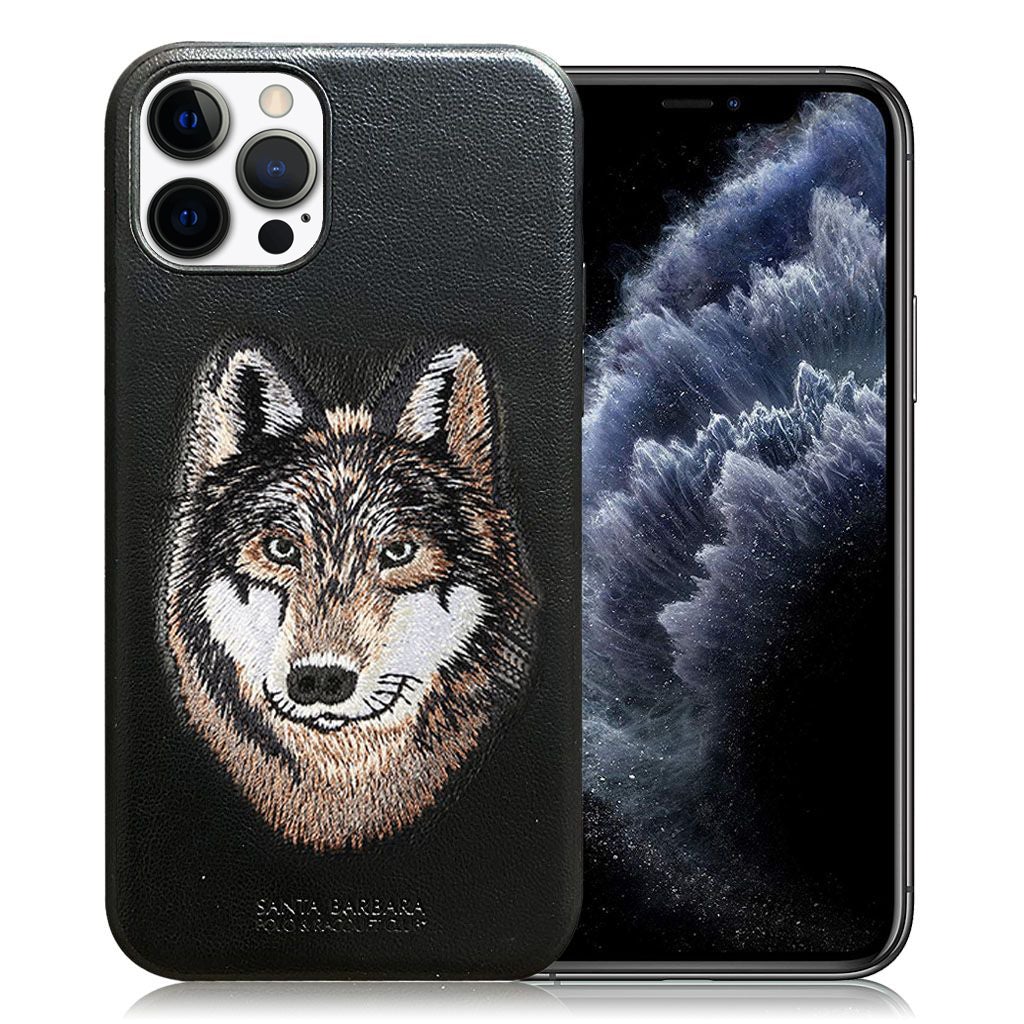 Santa Barbara Savana Series Wolf Emboidery Genuine Leather Case For iPhone 13 Pro - planetcartonline