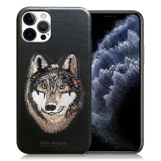 Santa Barbara Savana Series Wolf Emboidery Genuine Leather Case For iPhone 13 Pro Max - planetcartonline