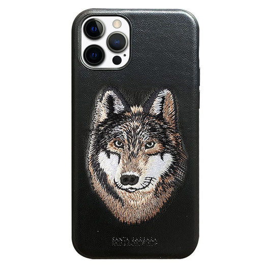 Santa Barbara Savana Series Wolf Emboidery Genuine Leather Case For iPhone 13 Pro - planetcartonline
